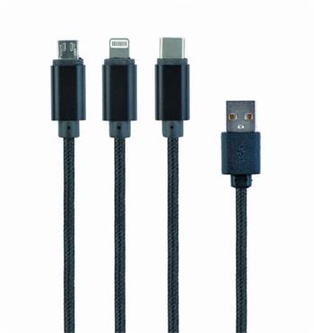 GEMBIRD CABLEXPERT Kabel USB A Male/Micro B + Type-C + Lightning, 1m, opletený, černý, blister