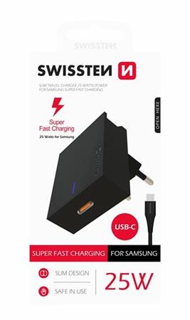 SWISSTEN SÍŤOVÝ ADAPTÉR PRO SAMSUNG SUPER FAST CHARGING 25W + DATOVÝ KABEL USB-C/USB-C 1,2 M ČERNÝ